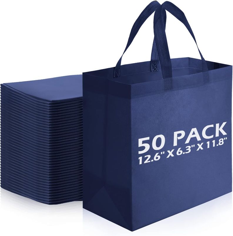 Photo 1 of Reginary 50 Pieces Reusable Totes Bag Bulk Shopping Bags Non Woven Grocery handbag with Handles Foldable for Boutiques(Navy Blue)