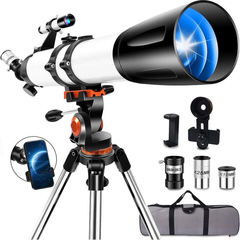 Photo 1 of Telescope for Adults High Powered 90mm Aperture 800mm(32X-240X),Refractor Telescopes for Astronomy Beginners with AZ Mount Tripod,Phone Adapter,Carry Bag