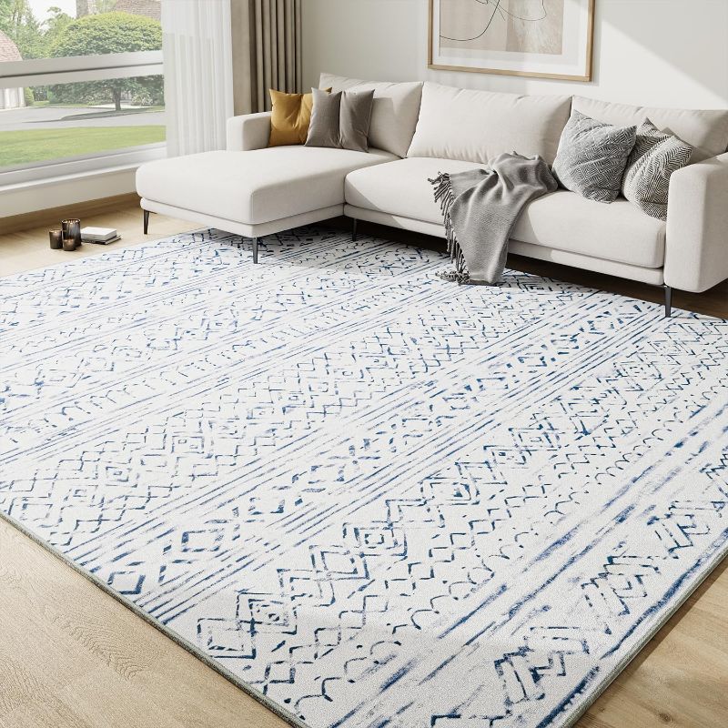 Photo 1 of 9x12 Area Rugs for Living Room-Non Slip Machine Washable Rug Modern Moroccan Boho Rug Super Soft Indoor Carpet Large Area Rug for Bedroom Dining Room Office Playroom, Blue