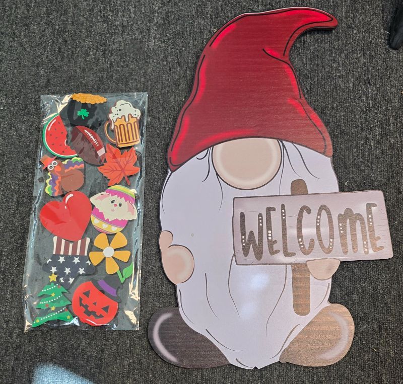 Photo 1 of Interchangeable Gnome Decor Signs - Gnome Welcome Sign, Holiday/Seasonal Decorations for Front Door - Wooden Decorative Magnets