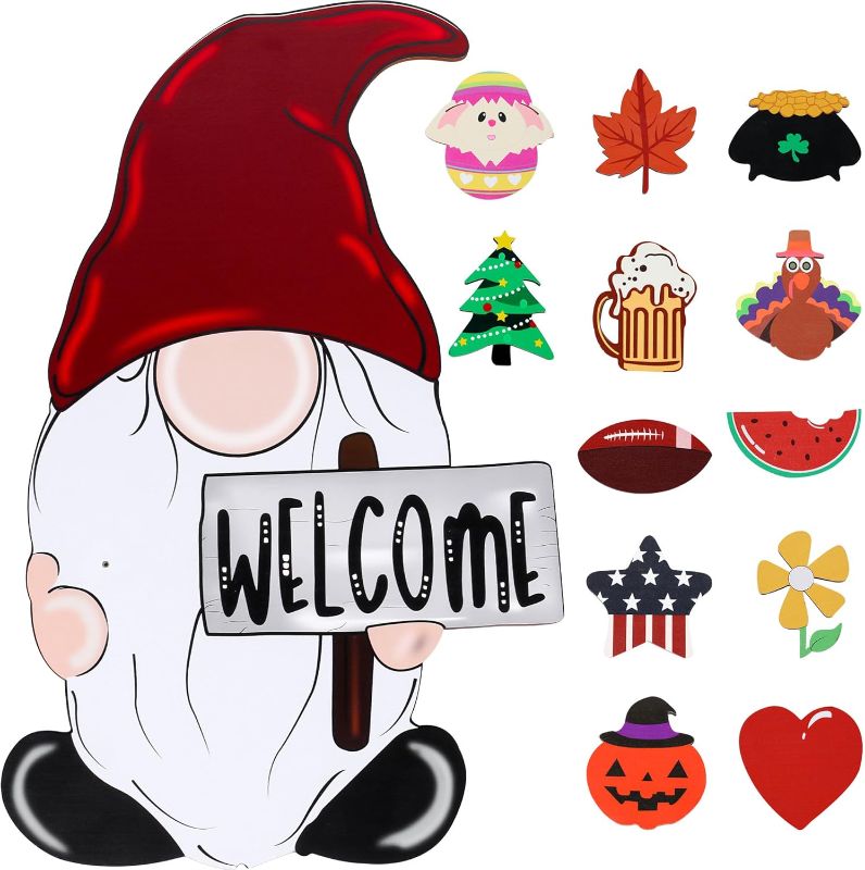 Photo 1 of Interchangeable Gnome Decor Signs - Gnome Welcome Sign, Holiday/Seasonal Decorations for Front Door - Wooden Decorative Magnets