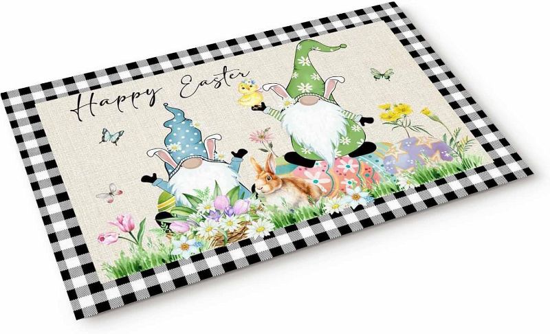 Photo 1 of Easter Gnomes Doormats Indoors Entrance,Easter Eggs Easter Bunny Tulip Rustic Plaid BlackFront Entry Way Welcome Kitchen Door Mats,Absorbent Washable Bath Accent Floor Runner Mats Rug,16"x24"