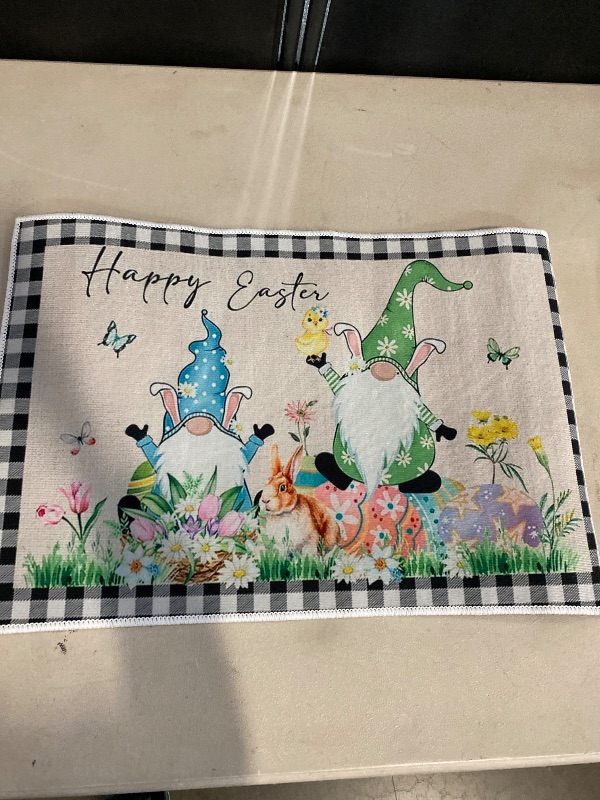 Photo 1 of Easter Gnomes Doormats Indoors Entrance,Easter Eggs Easter Bunny Tulip Rustic Plaid BlackFront Entry Way Welcome Kitchen Door Mats,Absorbent Washable Bath Accent Floor Runner Mats Rug,16"x24"