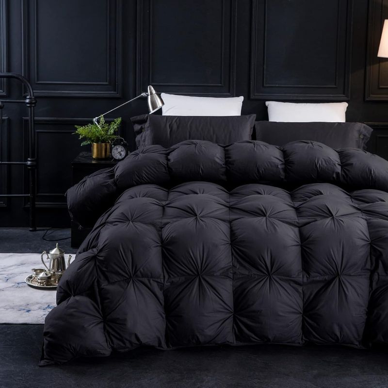 Photo 1 of King - Three Geese Pinch Pleat Waterfowl Feathers and Down Comforter Palatial King Size Duvet Insert,750+ Fill Power,1200TC 100% Cotton, Premium All Seasons Black-Gray Warm Hotel Comforter with 8 Tabs.