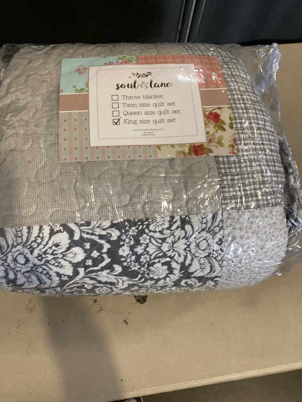 Photo 1 of SLPR Sweet Dreams Cotton Quilt Set - King Size with 2 Shams, Pieced Patchwork Bedding in Blue and Gray, Country Style Farmhouse Quilted Bedspread