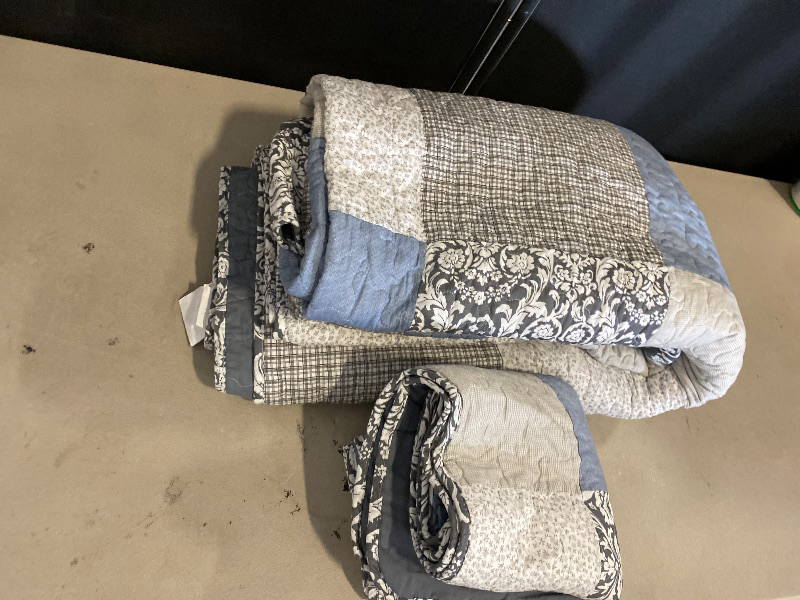 Photo 1 of SLPR Sweet Dreams Cotton Quilt Set - King Size with 2 Shams, Pieced Patchwork Bedding in Blue and Gray, Country Style Farmhouse Quilted Bedspread