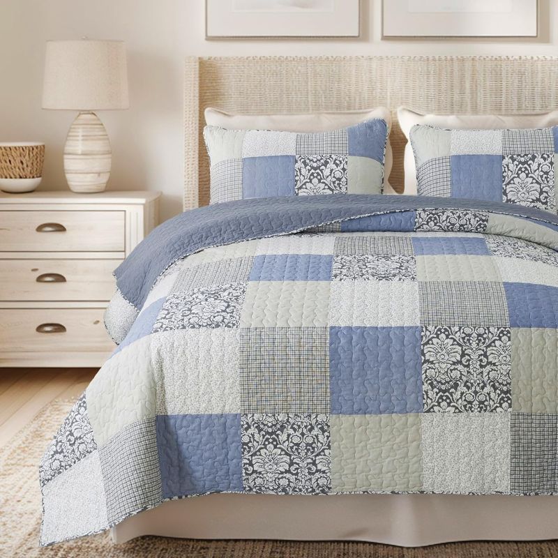 Photo 1 of SLPR Sweet Dreams Cotton Quilt Set - King Size with 2 Shams, Pieced Patchwork Bedding in Blue and Gray, Country Style Farmhouse Quilted Bedspread