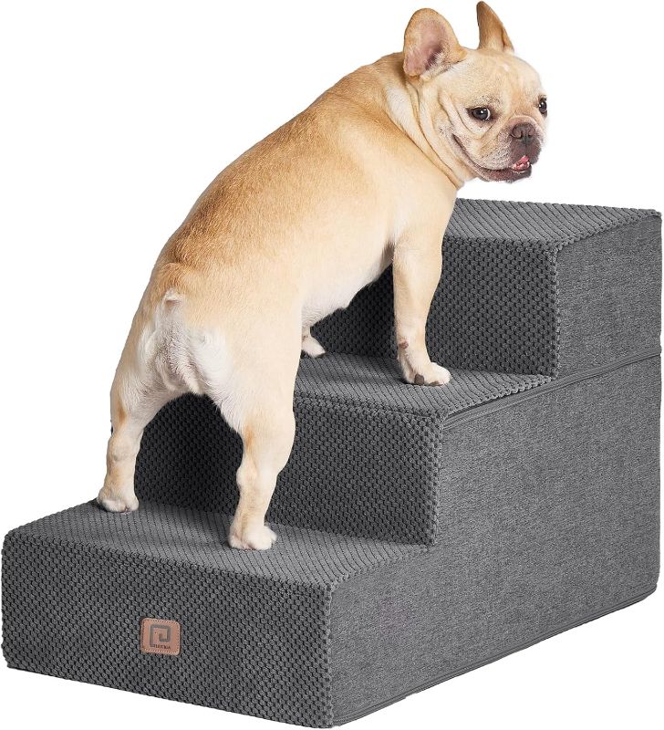 Photo 1 of EHEYCIGA Dog Stairs for Small Dogs 16.5" H, 3-Step Extra Wide Dog Steps for Couch Sofa and Chair, Pet Steps for Medium Cats, Non-Slip Balanced Pet Ramp Indoor, Grey