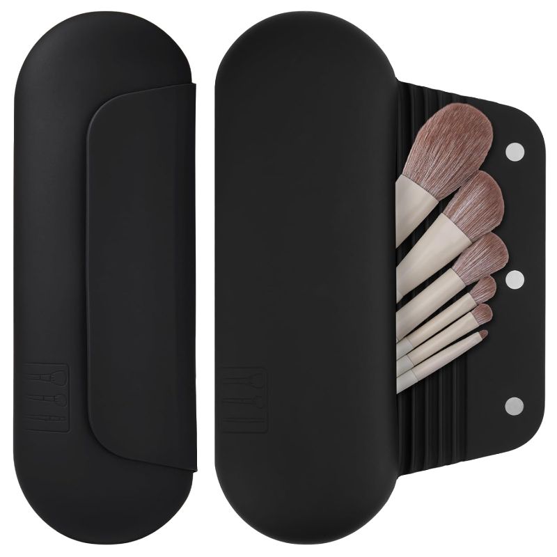 Photo 1 of Silicone Makeup Brush Holder Travel Cosmetic Bag?Soft Portable Cosmetic Face Brushes Holder with Upgrade Anti-Fall Out Magnetic Closure, Large Travel Makeup Brush Case - Black