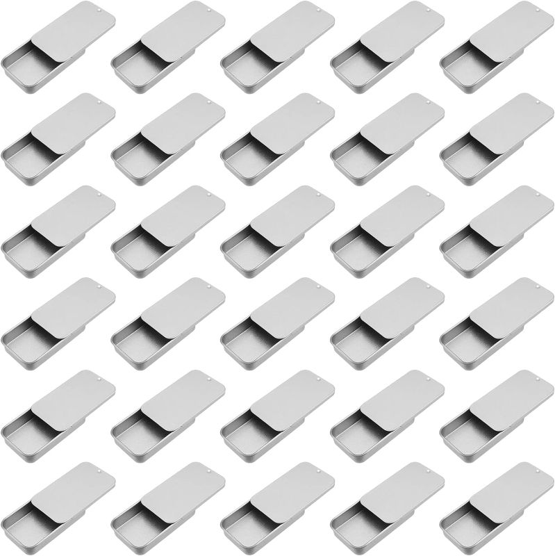 Photo 1 of 30 Pack Silver Metal Tin Containers, Rectangular Storage Box with Slide Lids, 0.43x2.36x1.34 inches, 0.5 oz Mini Tins for Crafts, Jewelry, Candles Storage Kit