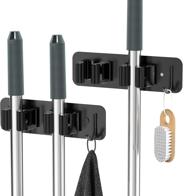 Photo 1 of Wall Mount Mop and Broom Holder, HOMEASY Heavy Duty Stainless Steel Organizer Rack with Hooks | 2-Pack, 2-in-1 No Drill & Screw Installation, Black