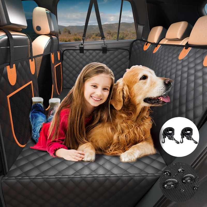 Photo 1 of Dog Car Seat Cover for Back Seat, Hard Bottom Extender with Waterproof and Scratch-Proof, Pet Cover for Dogs in Car, Dog Hammock with Door Protection and Storage Pocket for Car SUV, Black