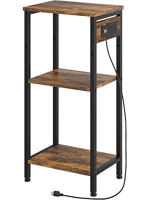 Photo 1 of Tall End Table with Charging Station, 3 Tier Narrow Tall Nightstand with Storage, Slim Side Table with USB Ports and Outlets for Bedroom, Living Room, Office, Rustic Brown and Black