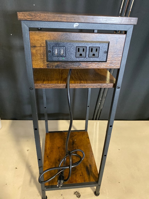 Photo 1 of Tall End Table with Charging Station, 3 Tier Narrow Tall Nightstand with Storage, Slim Side Table with USB Ports and Outlets for Bedroom, Living Room, Office, Rustic Brown and Black