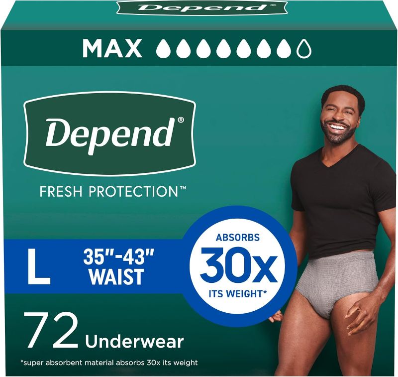 Photo 1 of Depend Fresh Protection Adult Diapers, Incontinence Underwear for Men, Disposable, Maximum, Large, Grey, 72 Count (2 Packs of 36), Packaging May Vary