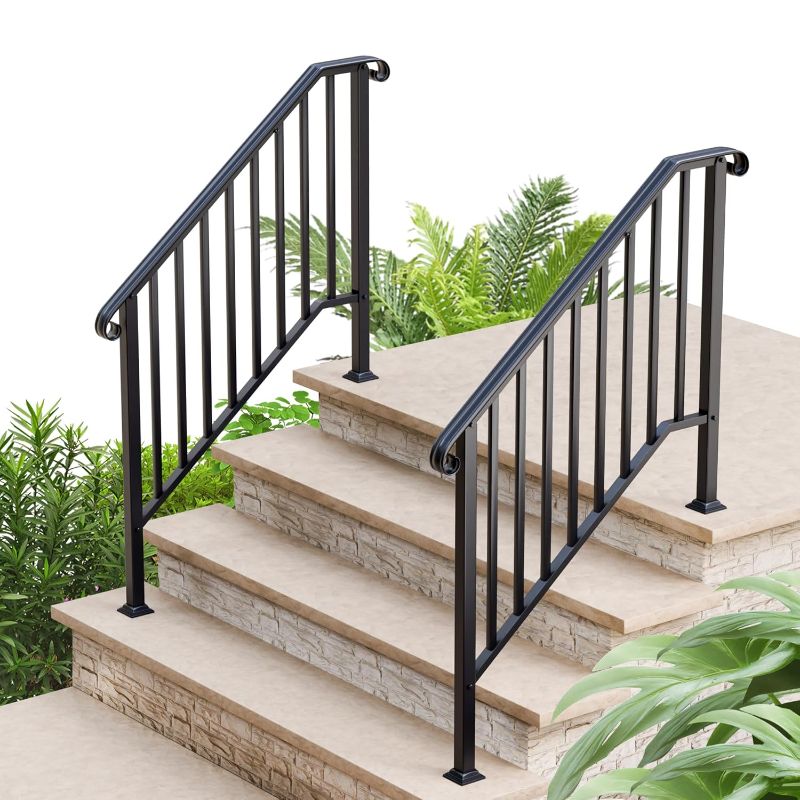 Photo 1 of 2 Pack 4 Step Handrails for Outdoor Steps, Wrought Iron Stair Railing Fits 3 or 4 Steps, Metal Hand Railing with Installation Kit, Staircase Handrails for Concrete, Porch, Deck, Exterior Steps, Black