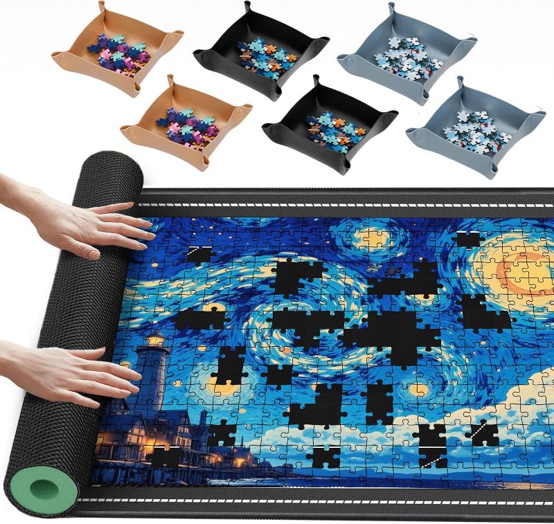 Photo 1 of Lwoeo Jigsaw Puzzle Mat Roll Up, Black Rubber 53.3” x 35” Smooth Top Saver Pad Up to 3000 Pieces?Large Puzzle Matt Rollup with 6 Sorting Trays & 1 Storage Bag for Sorting Table, Board, Frame Mats