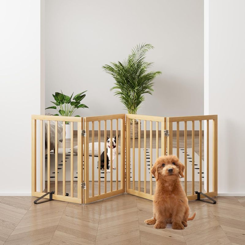 Photo 1 of Natural 37-74" Wide Dog Gate for Stair, Bamboo Dog Gates for The House Doorways, Freestanding Pet Gates for Dogs, Doogie Puppy Fence Gate