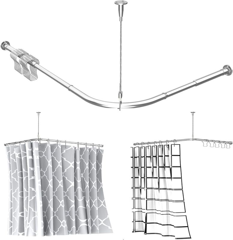 Photo 1 of Stretchable Corner Shower Curtain Rod - Easy assemble 304 Stainless L Shaped 23.6-35.4" x 40-67"with Ceiling Support,for Bathroom Bathtub, Clothing Store,Private Space Free Curtain Hook