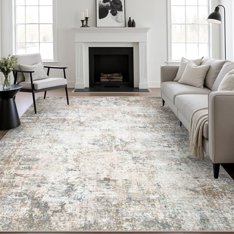 Photo 1 of 9x12 Area Rug Living Room Rug: Washable Modern Abstract Soft Thin Rug Indoor Floor No Slip Stain Resistant Carpet for Bedroom Dining Room Farmhouse Nursery Home Office - Brown Grey