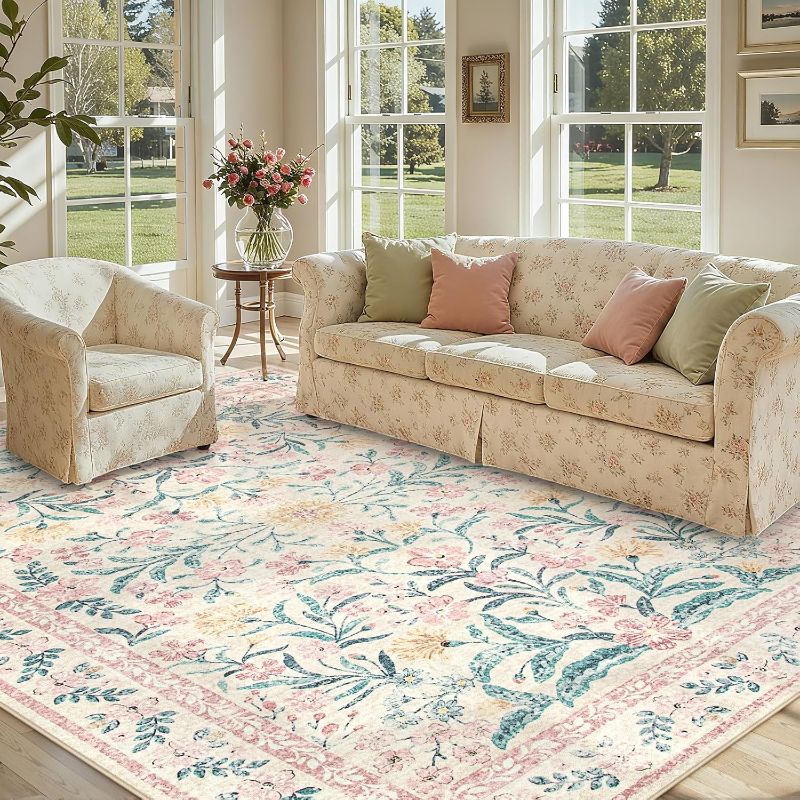 Photo 1 of Lahome Large Rugs for Living Room, Boho Machine Washable Area Rugs 8x10, Ultra-Thin Soft Distressed Floral Carpets Non Slip for Bedroom Office Dining Room, Pink/Multi