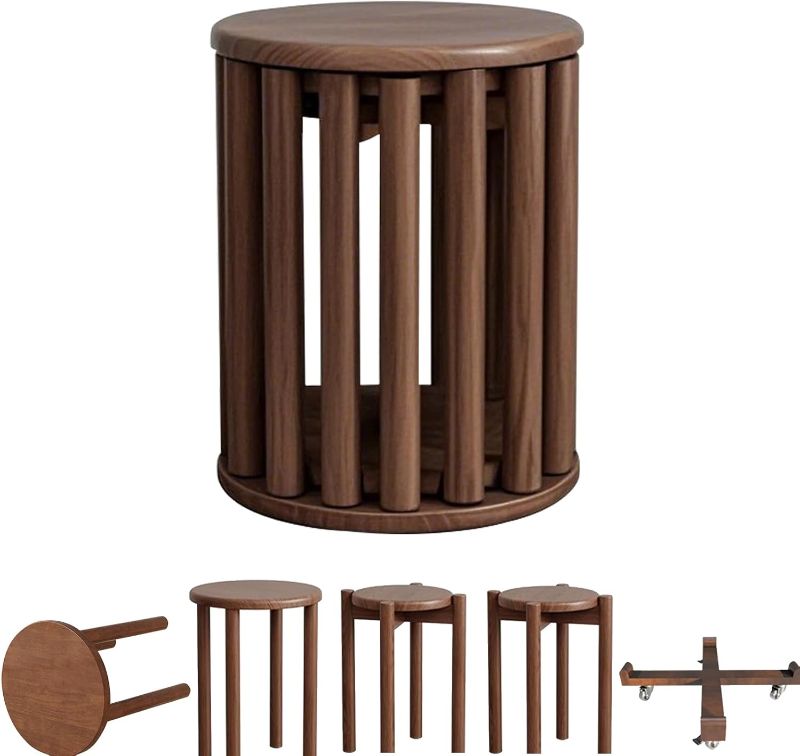 Photo 1 of Stackable Stools Set of 4, Nesting Stools with Wheels, Movable Side Tables, Coffe Table, No Installation Required,Top Stackable Stool for Kitchen, Bedroom, Living Room (Walnut Color, Circle)
