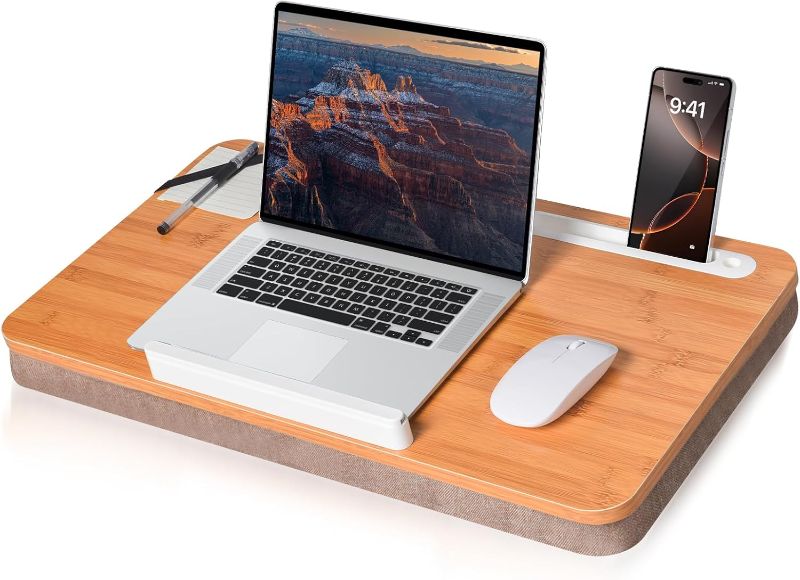 Photo 1 of wishacc Oversized Bamboo Lap Desk with Phone/Tablet Slots & Cushion Pillow – Extra-Large Portable Laptop Stand for Home, Office, Bed, Car