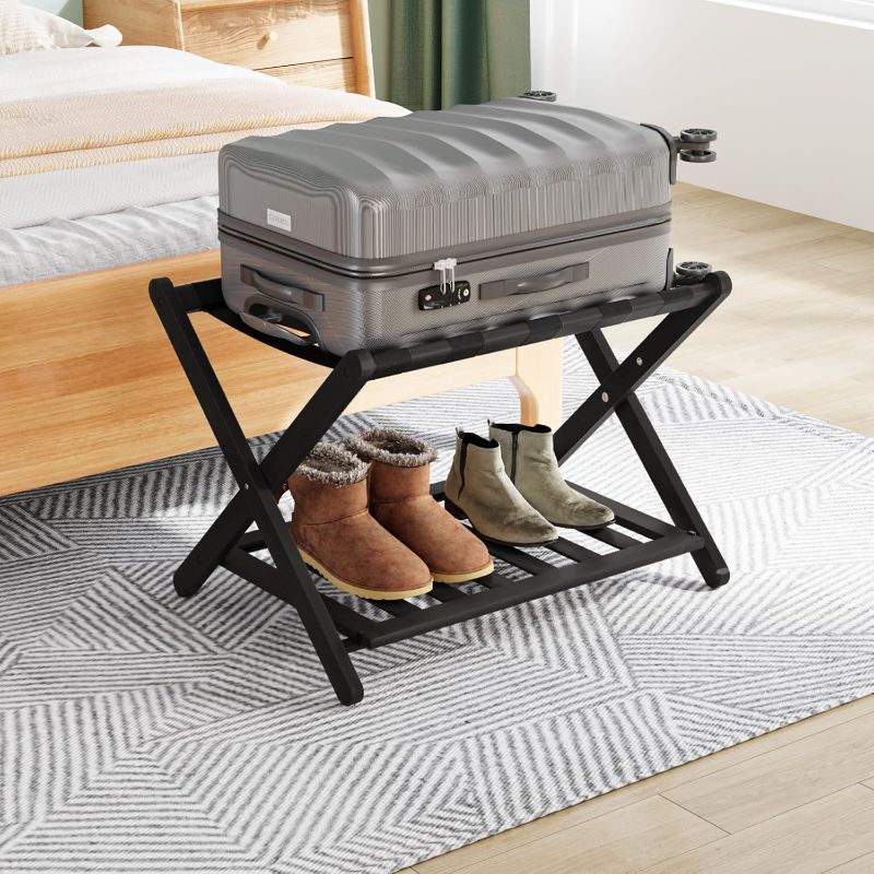 Photo 1 of Smuxee Fully Assembled Luggage Rack for Guest Room, Upgraded Bamboo Foldable Suitcase Stand with 5 Nylon Straps, Luggage Holder with Shelf for Bedroom Hotel (Black Luggage Rack 1pcs)