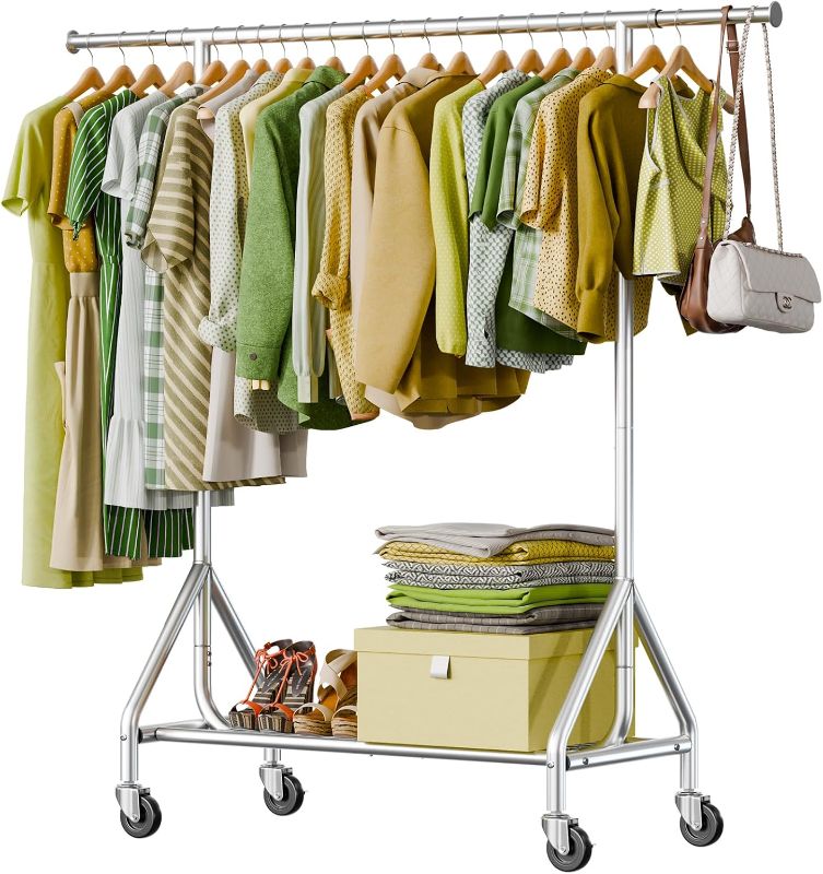 Photo 1 of Clothes Rack Load 450 LBS, Heavy Duty Garment Rack, Standing Rolling Metal Hanging Clothes with Sturdy Wheels & Shelves, Silver