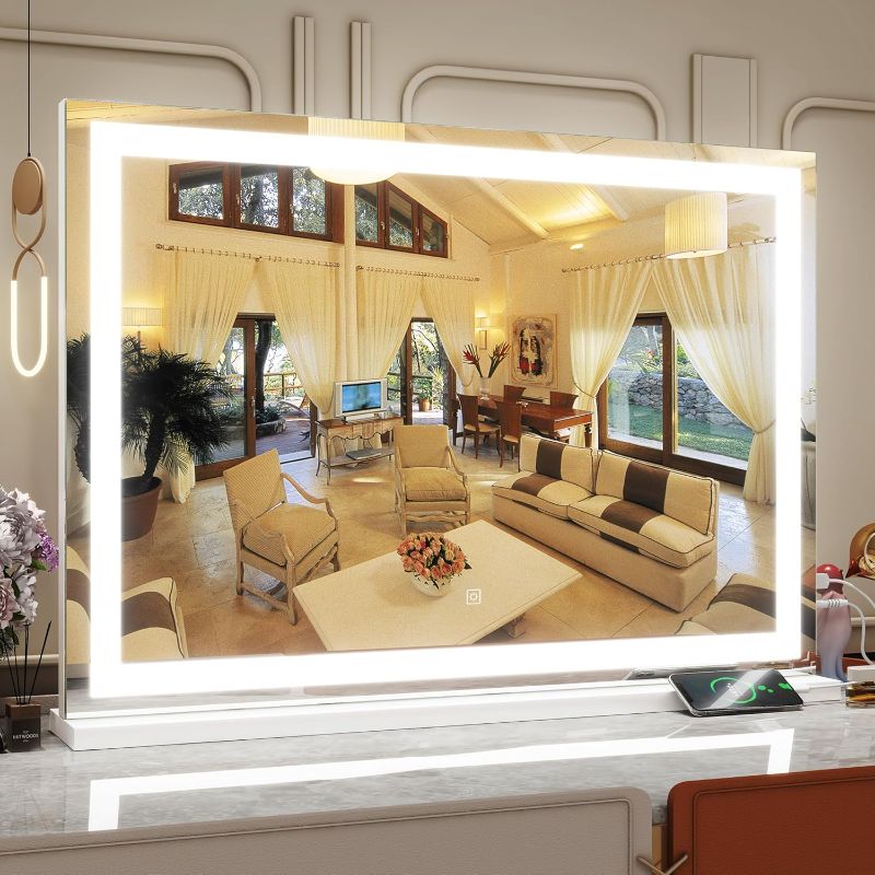 Photo 1 of Vanity Mirror with Lights, 32" x 22" Large Lighted Vanity Mirror with Dimmable 3 Modes, LED Makeup Mirror, USB Charging Port, Tabletop or Wall-Mounted Square White