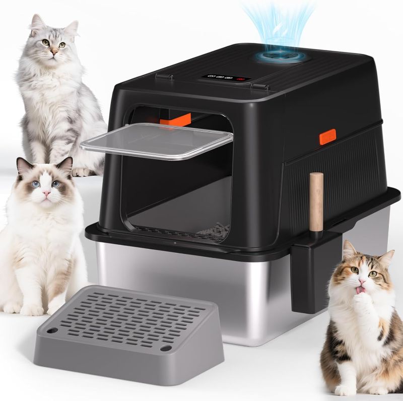 Photo 1 of Stainless Steel Cat Litter Box with Exhaust Fan & IR Auto-Deodorizer, Front Entry Enclosed Box for Odor Control, Large Size for Cats Enclosed Design with Carbon Filter