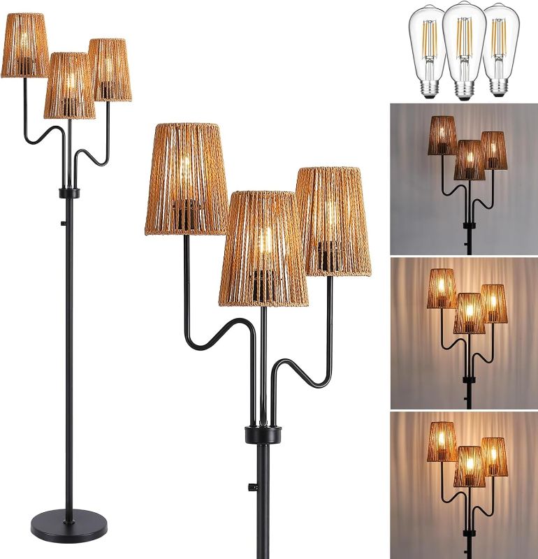 Photo 1 of 9MMML Farmhouse Boho Dimmable Floor Lamp with Rattan Shade, 68'' Tall Floor Standing Lamp, 3-Light Floor Lamp for Living Room, Bedroom, Office, Corner, 3 x E26 LED Bulb Included