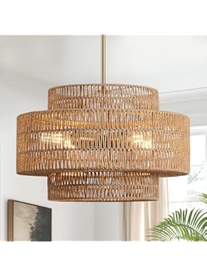 Photo 1 of 4-Light Boho Rattan Chandelier Light Fixture, 17.7” Hand Woven Rustic Chandeliers Farmhouse Chandelier Hanging Light for Dining Room Kitchen Island, Living Room, Foyer