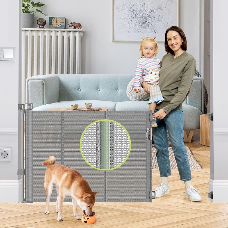 Photo 1 of Reinforced 55" Wide Retractable Dog Gate with Support Rods, 33" Tall Retractable Baby Gate for Dogs, No Sag and Wrinkle Mesh Child Gates for Doorways, Indoor Pet Barrier Stair Gates for Kids, Gray