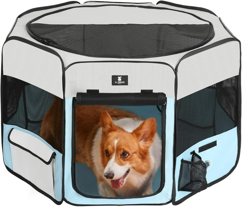 Photo 1 of X-ZONE PET Dog Playpen Portable Pet Play Pens for Puppies, Cat, Rabbit, Chicks, Foldable Exercise Play Tent Kennel Crate, Indoor/Outdoor Travel Camping Blue Medium