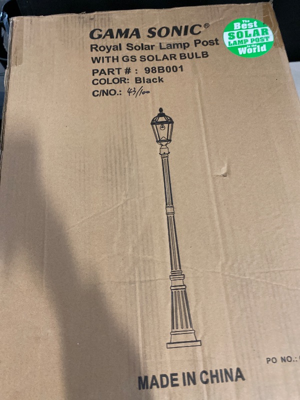 Photo 1 of Gama Sonic Solar Outdoor Lamp Post Light, Black Cast Aluminum and Beveled Glass Panels, 10-Year Royal Bulb, Warm White LED with Omni-Direction Reflector, 87-inch Height, 98B001 (Upgraded Panel)