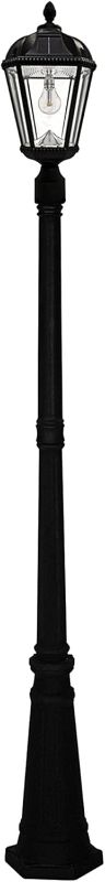 Photo 1 of Gama Sonic Solar Outdoor Lamp Post Light, Black Cast Aluminum and Beveled Glass Panels, 10-Year Royal Bulb, Warm White LED with Omni-Direction Reflector, 87-inch Height, 98B001 (Upgraded Panel)