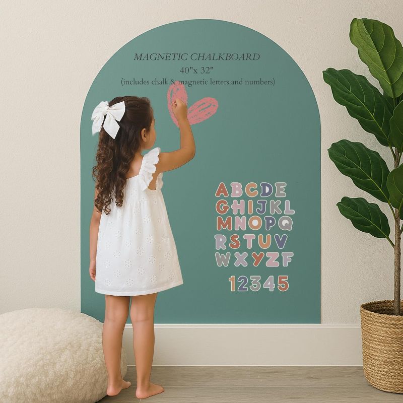 Photo 1 of CAALMA Magnetic Wall Decal for Kids w/Alphabet & Number Magnets, Chalk, Cloth - Aesthetic Sage Green Magnetic Chalkboard Arch (40"x32")