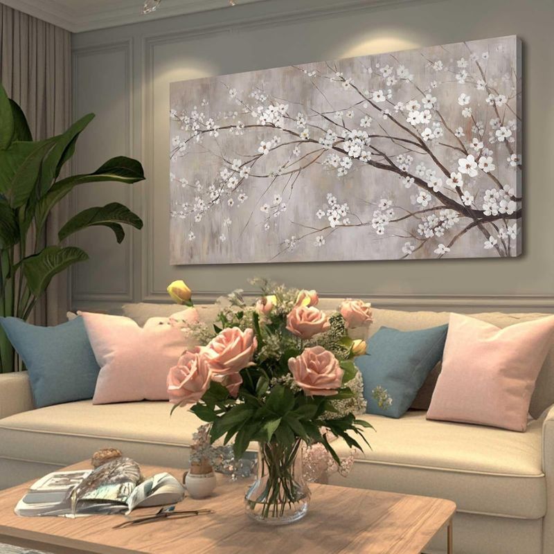 Photo 1 of XIANSHOU White Wall Decor Flower Wall Art Canvas Prints Wall Decorations Plum Blossom Modern Artwork Floral Wall Pictures for Bedroom Dining Room Living Room 24”x48”