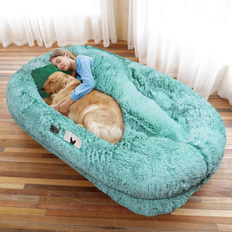 Photo 1 of Human Dog Bed, 71''x45''x12'' Size Fits You and Pets, Washable Faux Fur Pet Bed for People Doze Off, Napping Orthopedic Dog Bed, Present Plump Pillow, Blanket, Strap - GreenWhite