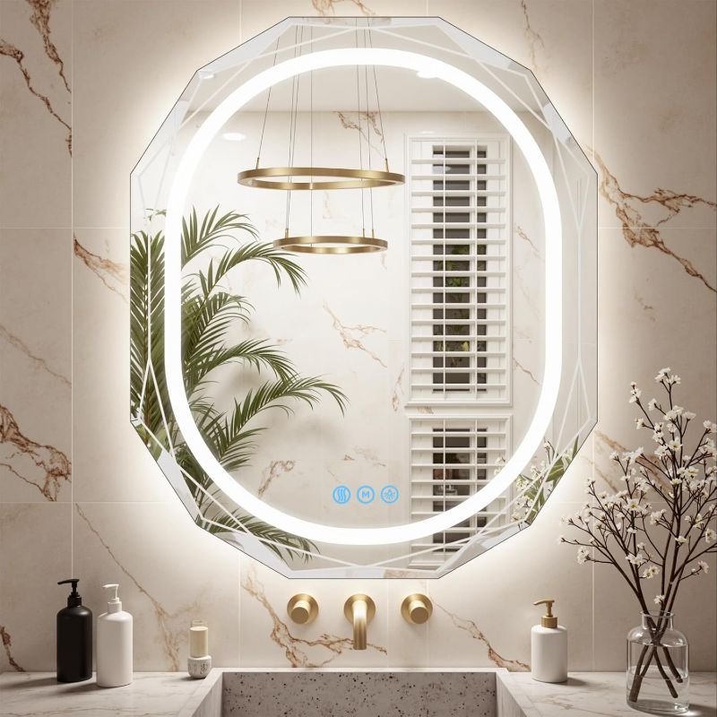 Photo 1 of 30"X36" Oval LED Bathroom Mirror with Lights, Frameless Vanity LED Mirror for Bathroom with Beveled Edge, Backlit Anti-Fog, Dimmable, 3 Colors, Memory Function, Tempered Glass, Shatter-Proof