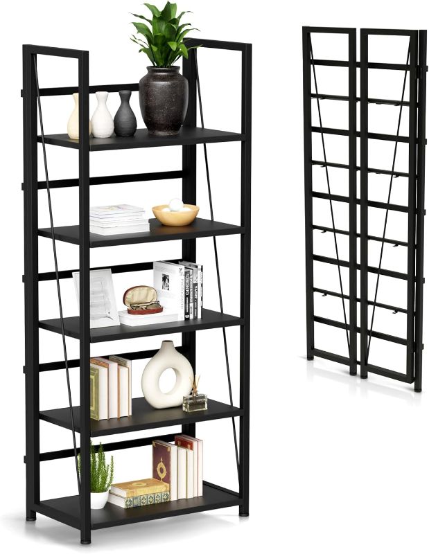 Photo 1 of 5 Tier Wood Book Shelf Organizer, No Assembly Bookshelf for Bedroom Living Room Office, Rustic Foldable Book Case, Tall Bookshelves, Open Book Shelves, Decorative Folding Shelf Display, Tall Bookcase