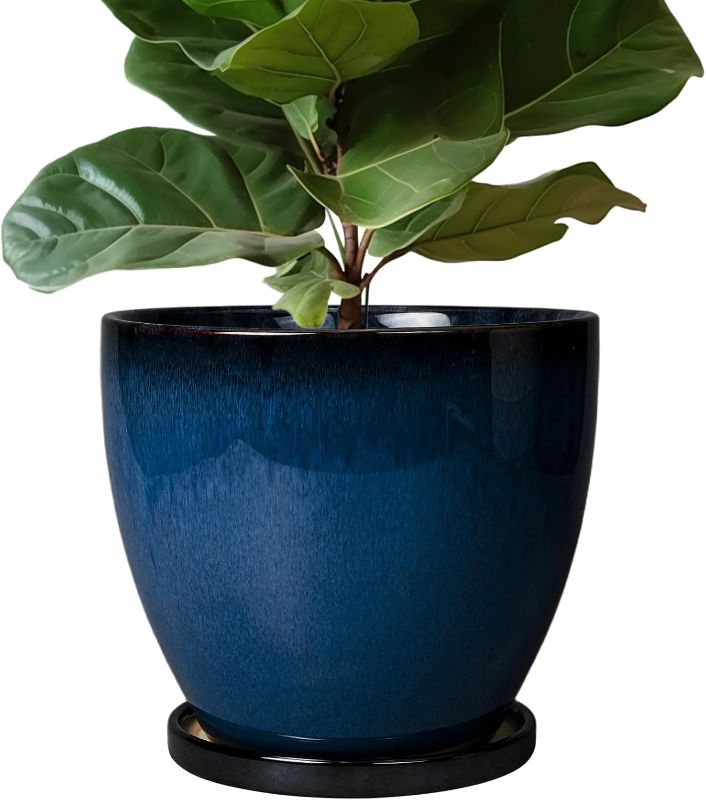 Photo 1 of Ceramic Pots for Plants - 10 Inch Planter for Indoor Ourdoor Plants Modern Large Flower Pot with Drainage Hole and Saucer Room Home Office Garden Patio Porch Decor Blue