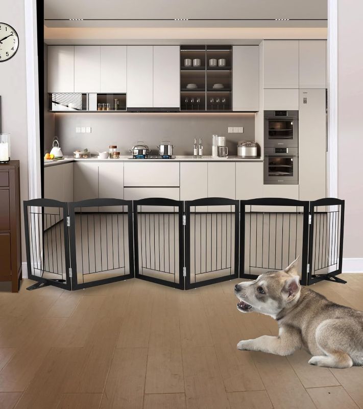 Photo 1 of ZJSF Freestanding Dog Fence Indoor, Foldable Dog Gate for Doorways, Stairs or Hallways, Sturdy Wood Extra Wide Pet Gate with Support Feet for The House, Black, 24 "Height-6 Panels