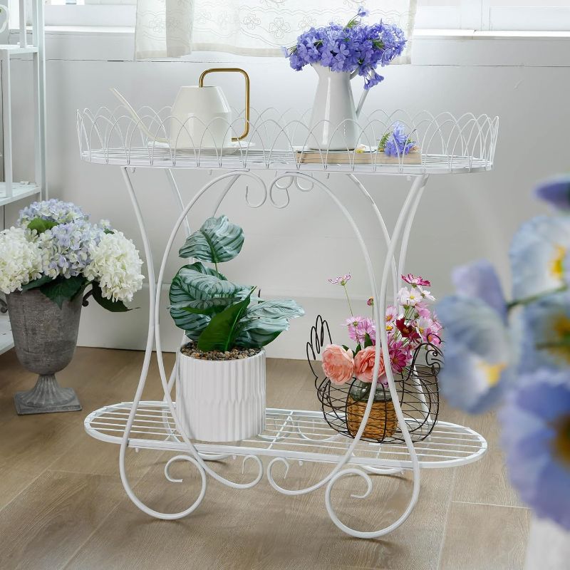 Photo 1 of White Oval Plant Stand with Lattice Base, French Entryway Decor for Plants, Elegant Floor Flower Pot Holder Garden Decoration