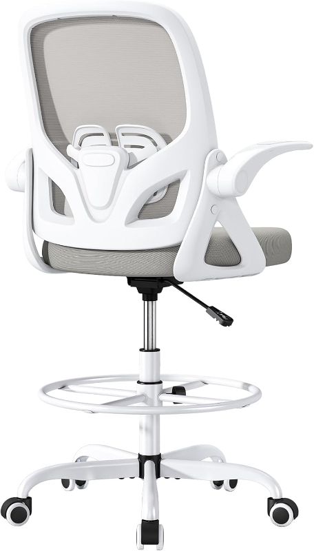 Photo 1 of Tall Drafting Chair with Lumbar Support and Footrest Ring, Supportive Tall Extended Height Ergonomic Desk Chair for Home Work, Breathable Mesh Office Chair with Flip up Arms(Gray)