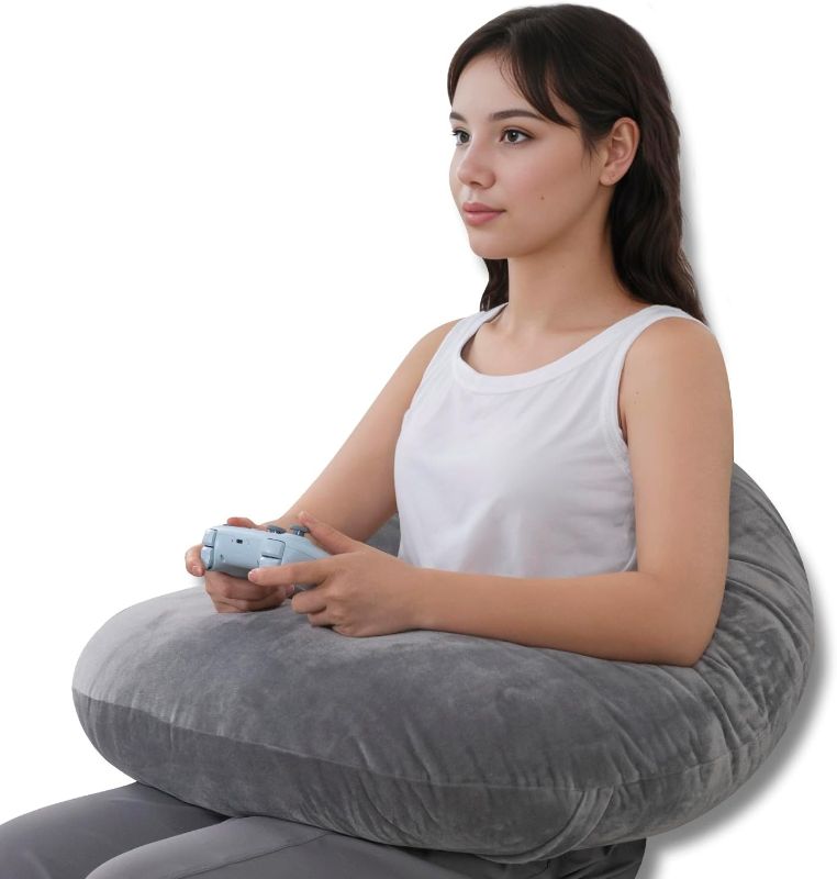 Photo 1 of QUEEN ROSE Reading Pillow, Gaming Pillow for Lap, Sitting in Bed or Sofa, Extra Arm Rest for Reading, Playing or Crocheting, Soft Velvet Grey