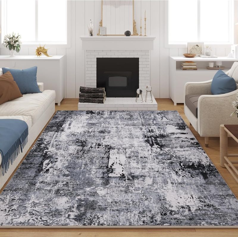Photo 1 of 8x10 Area Rug Washable Boho Rug Soft Non-Slip Non-Shedding Faux Wool Vintage Rug for Living Room, Farmhouse, Dining Room, Indoor, Kids Playroom, Grey and Black