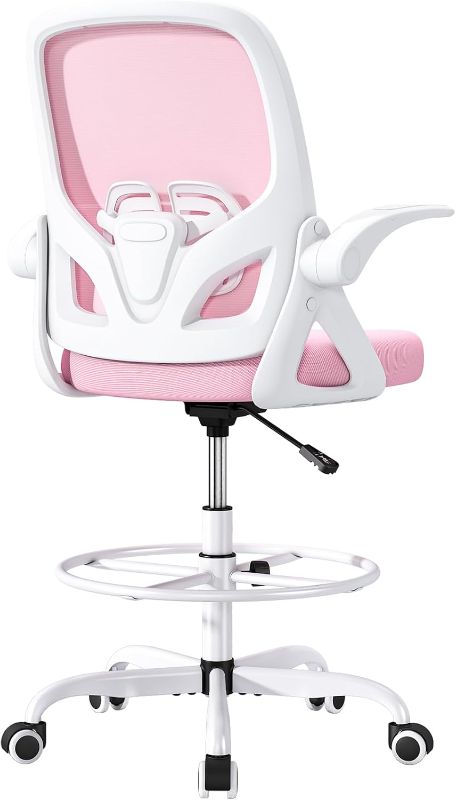Photo 1 of Tall Drafting Chair with Lumbar Support and Footrest Ring, Supportive Tall Extended Height Ergonomic Desk Chair for Home Work, Breathable Mesh Office Chair with Flip up Arms(Pink)