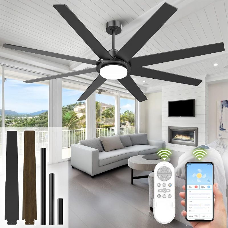 Photo 1 of 72 Inch Ceiling Fans with Lights and Remote, Outdoor Indoor Black LED Big Ceiling Fan Reversible 24db Quiet DC Motor, 6 Speed 3CCT Dimiable, Modern Ceiling Fans for Patios Living Room Farmhouse Garage